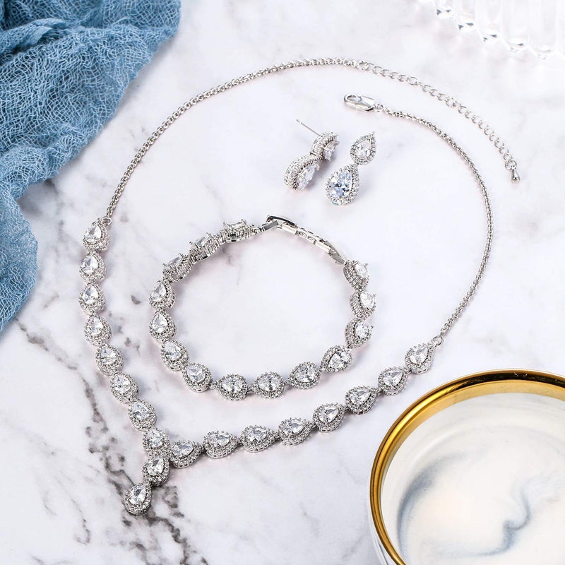 BriLove Wedding Bridal CZ Jewelry Set for Women Teardrop Infinity Figure 8 Y-Necklace Tennis Bracelet Dangle Earrings Clear Silver-Tone April Birthstone - Image 5